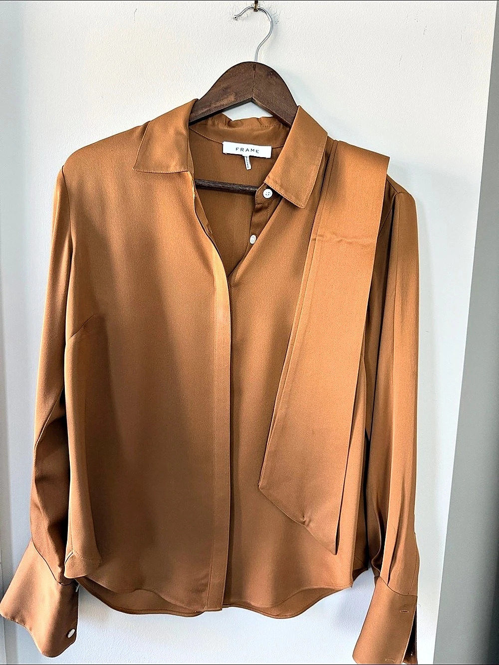 Frame  Silk Long Sleeve Button Down with detachable tie  in Golden  Camel